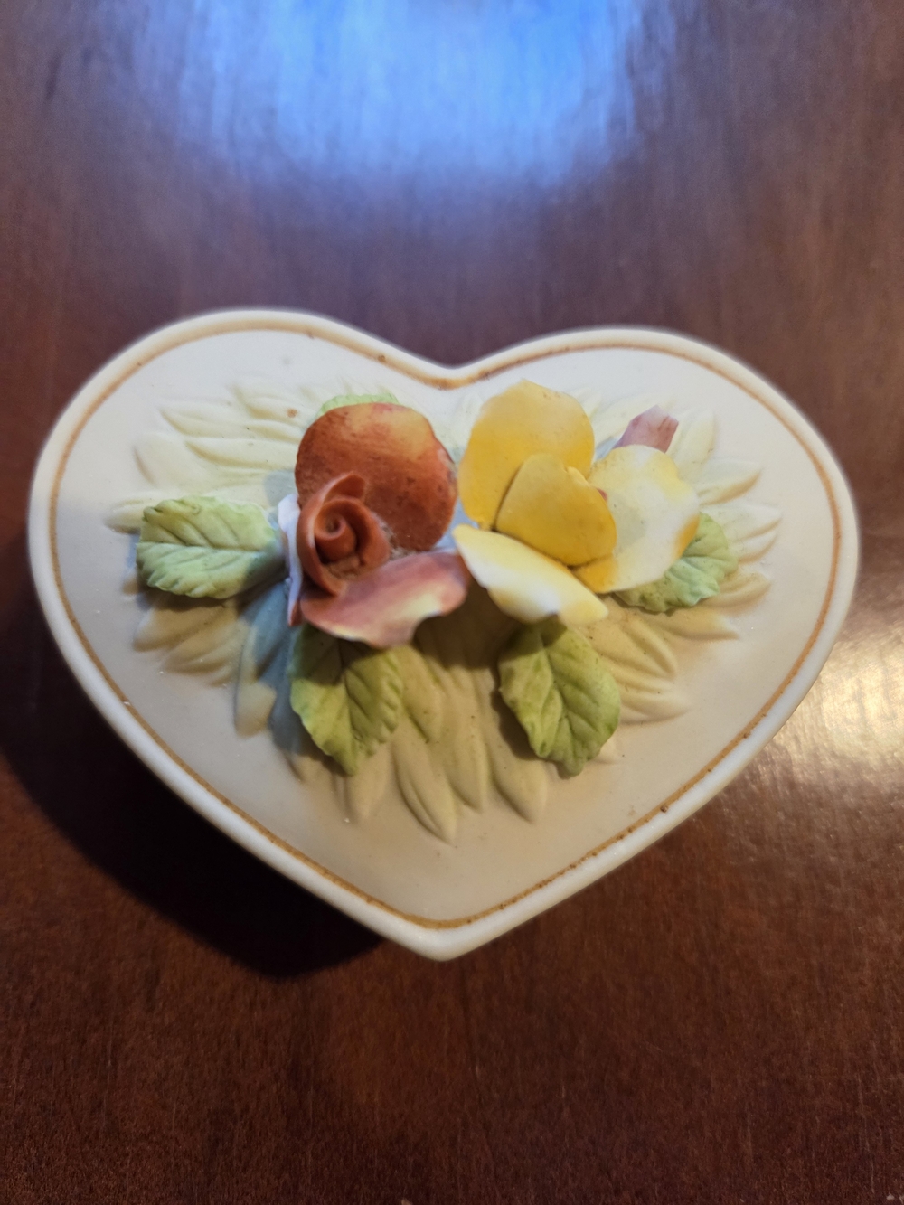 Heart-Shaped Floral Porcelain Trinket Box - Cream with Yellow & Pink Flowers
